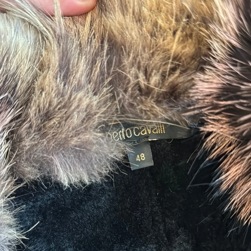 Roberto Cavalli Shearling Suede Black Fox Fur-Trimmed Women's Coat Size 48 - Picture 8 of 13